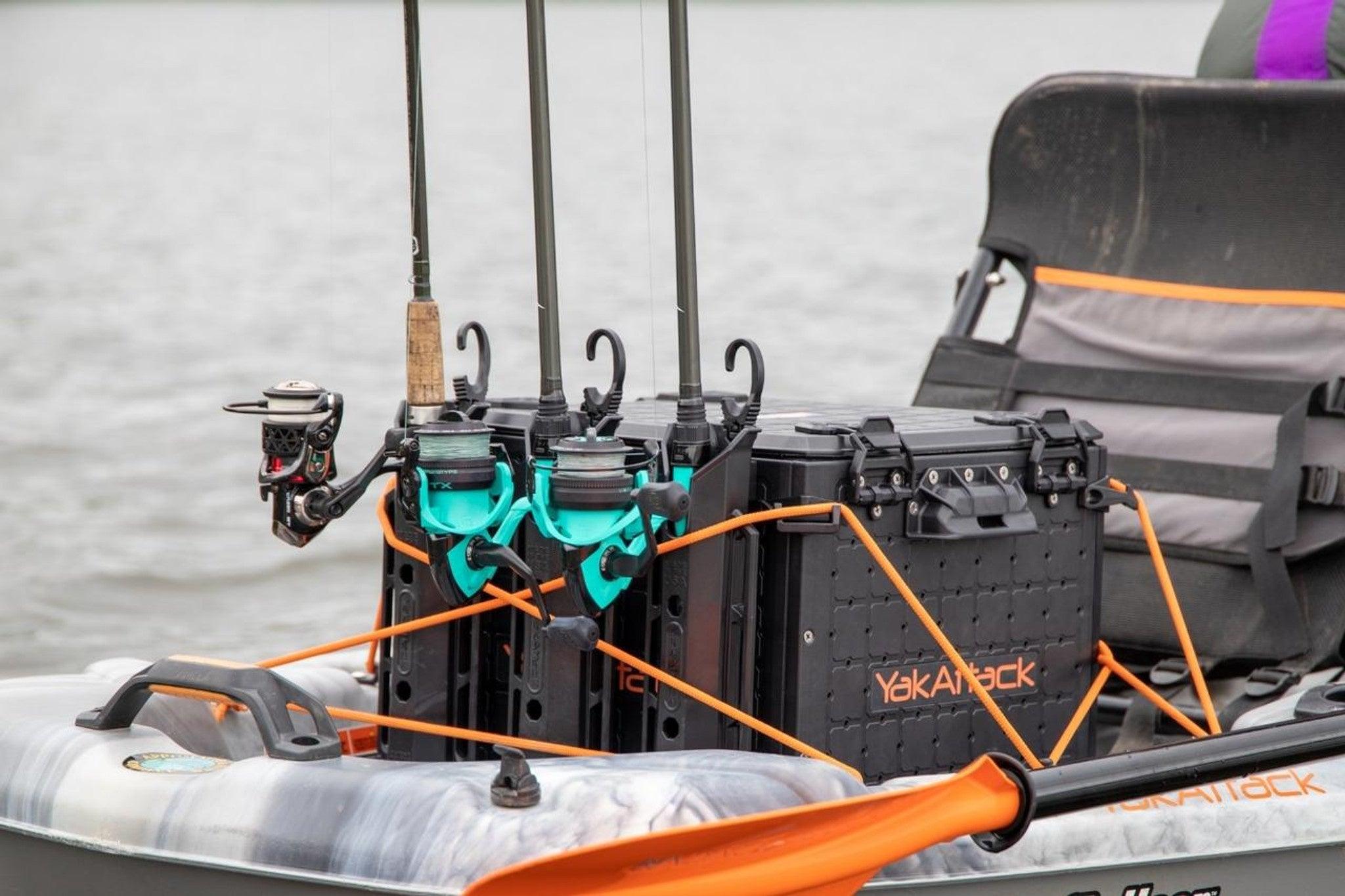 attaching tackle box to a kayak bungee YakAttack BlackPak Pro Kayak Fishing Crate